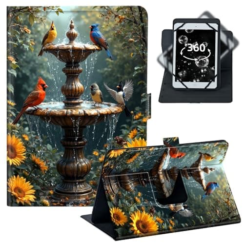 BREIDMKFM Tablet Case for Fire HD 8/iPad mini 6 - Universal 7-9 Inch Lightweight Leather Folio with 360 Rotating Stand,Fit for Galaxy Tab A 8.4/Fire 7/Lenovo Tab M8,﻿Bird Fountain Flower