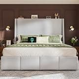 LARMACE King Size Bed Frame 54.2" Extra Tall Wingback Headboard, Lambswool Upholstered Platform Bed with Legs Featuring Built-in Charging Ports, Wood Slats, No Box Spring Needed,Light Grey