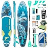TIDETREK 11'/11'6" x 33"/34" x 6" Inflatable SUP Paddle Board – Extra-Wide, Stable Stand Up Paddle Board with Premium Full Accessory Set for Adults & Youth (Blue Turtle/Kayak Seat, 11'x33 x6)