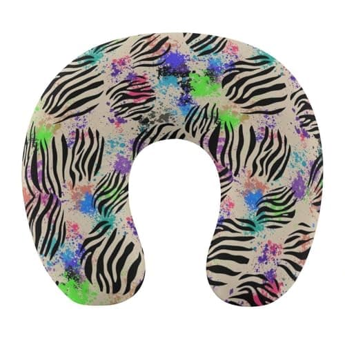 Portable U-Shaped Travel Pillow Memory Foam Neck Rest, Rainbow Animal Zebra Tiger Cheetah Leopard Print Splatter U-Shape, Airplane Car Bus Office Chin Support
