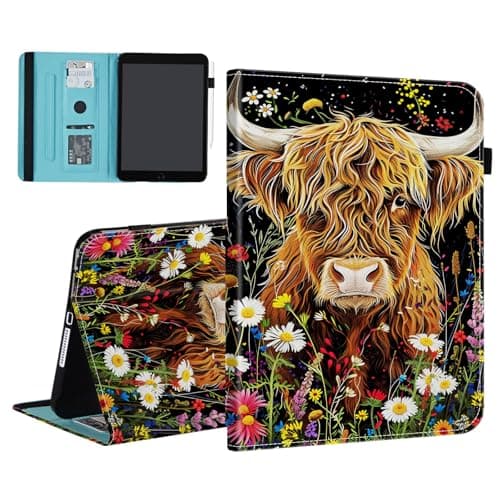BFUKVOU Case for Samsung Galaxy Tab S11 5G 11 Inch 2025 Model (SM-X730/X736B),Card Slot PU Leather TPU Case Pen Holder Auto Wake Sleep,Highland Cow Flowers