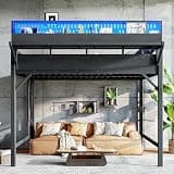 URTR Metal Loft Bed with Storage Shelves and Pegboard，Black：Queen