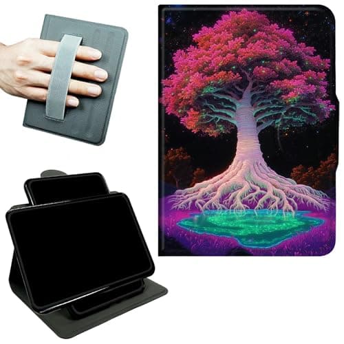 RWUTYTIUL Rotating Handle Case for Samsung Galaxy Tab A 10.1" 2019 SM-T510/T515/T517, 360 Degree Swivel Kickstand with Magnetic Closure Leather Protective Cover for Women Men, Pink Trees
