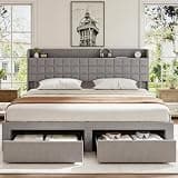 HAPPYMONT King Size Storage Bed Frame, Square Tufted Headboard, Platform Bed with 2 Underbed Drawers at Foot, Wooden Slats Support, No Box Spring Needed, Dark Gray