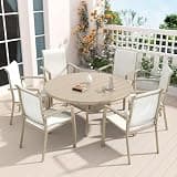 Star20XX Patio Dining Set, Patio Set, Piece Outdoor Dining Set, 6 Stackable Breathable Fabric Chairs and 52.95 Inch Round Metal Table with Umbrella Hole, Deck Pool