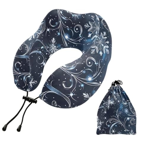 ZOEO Travel Pillow for Neck Head, Dreamy Snowflake Floral Navy Memory Foam Padding Sleeping Airplane Trains Cars Camping Office