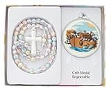 CATHOLIC - WHITE NOAH'S ARK & MULTI ROSARY - WHITE NOAH'S ARK CRIB MEDAL WITH MULTI-COLOR CROSTERLING SILVER ROSARY,
