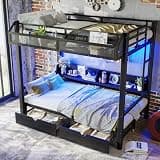JOUUQZ Twin Over Twin Bunk Bed with Storage Shelves and Drawers, Multifunctional Metal Frame with USB Ports and LED Lights - Convertible Lower Bed to Sofa, Black