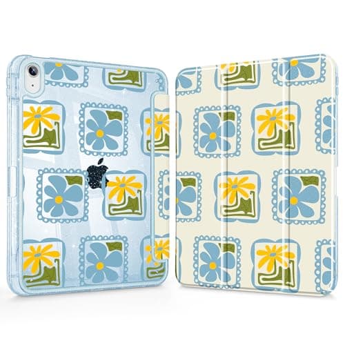 Tuiklol for iPad 11 inch (A16 Chip) 2025 11th Gen/iPad 10.9 inch 2022 10th Gen, Buit in Pencil Holder with Shockproof Cover Glitter Transparent Back Shell Case Auto Wake/Sleep,Blue Flower