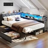 Full Corner Bed Frame with Storage Headboard and Bookcase, Full Size Metal Platform Bed Frame with LED Lights and Charging Station, Upholstered Daybed with 2 Drawers for Kids Teens, Vintage Brown