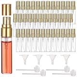 Lnrueg 100 Pcs 5 ml Mini Spray Bottles - 0.17 oz Refillable Glass Perfume Bottles, Portable Travel Sample Containers with Caps, Fine Mist Atomizers with 4 Funnels and 4 Dispensers, Gold