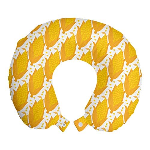 Ambesonne Cartoon Travel Pillow Neck Rest, Natural Theme Milk Boiled Corns Pattern in Repeating Style on Plain Background, Memory Foam Traveling Accessory for Airplane and Car, 12", Orange Mustard