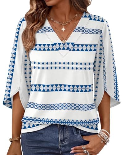WIHOLL Business Casual Tops for Women Teacher Outfits Cute Tops V Neck Shirts Travel Outfits Dressy Casual Blouses Early Fall Fashion Striped S