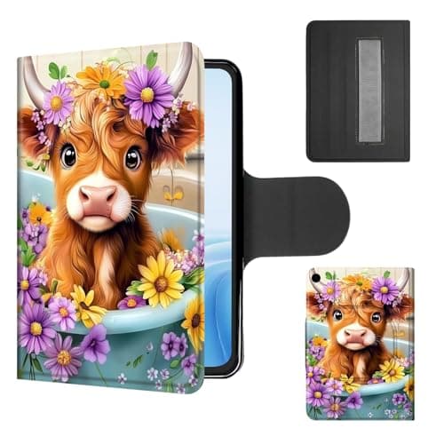 Cdkfxjy Case for Galaxy Tab A11 Plus/A9 Plus 10.9 Inch, 360°Rotating Stand with Secure Hand Strap, Protective Cover with Auto Sleep/Wake, Lightweight Shockproof Shell, Highland Cow Flowers