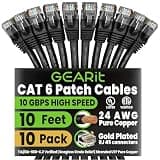 GEARit Cat 6 Ethernet Patch Cable 10 ft Black (10 Pack) Cat6 Patch Cables 10ft Black/Ethernet Patch Cable, 10Gbps 550MHz 24AWG Pure Copper, Snagless, Gold Plated RJ45 for Router, Server, Router, PC