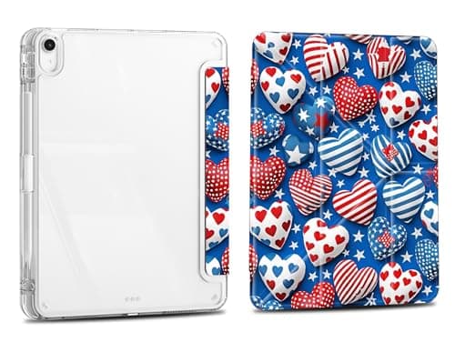 Case for iPad 10.2 Inch 9th/8th/7th Gen 2021/2020/2019, iPad Air 3 2019 10.5, Slim Clear Case with Pencil Holder，Multi-Angles Folding Y-Shaped Stand Cover ，Patriotic Americana Hearts