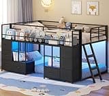 BTHFST Low Bunk Bed Twin Over Twin with 8 Fabric Drawers & Bookshelf, Twin Bunk Beds with RGB LED Lights, Windows, Metal Bunk Beds for Kids with Slanted Ladder & Safety Guardrails, Space Saving, Black