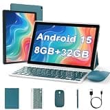 Android 15 Tablet 10 inch, 2 in 1 Tablet with Keyboard, 8GB RAM+32GB ROM Support 1TB Expandable Tablets PC, Quad-Core CPU, HD Screen, BT, WiFi, Long Battery Life Tablets with Case Mouse Stylus, Navy