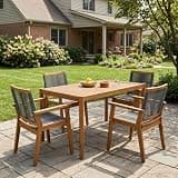 THINK 30 5-Piece Outdoor Acacia Wood Dining Set, Patio Furniture Set, 54.75" Teak Rectangular Table & 4 Dark Grey Rope Arm Chairs, Dark Gray,Light Teak