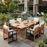 Christopher Knight Home Rolyn 7 Piece Acacia Wood Outdoor Dining Table Set for 6, Extendable Dining Table And 6 Chairs With Cushion & Rope Design, Wooden Outdoor Patio Furniture Set, Cream+Teak+ Black