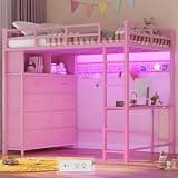 ADORNEVE Twin Size Loft Bed with Desk and 8 Storage Drawers, Metal Kids Loft Bed Twin with LED Lights & Charging Sation, Storage Shelves, 13.1" H Safety Guard & Ladder, No Box Spring Needed, Pink