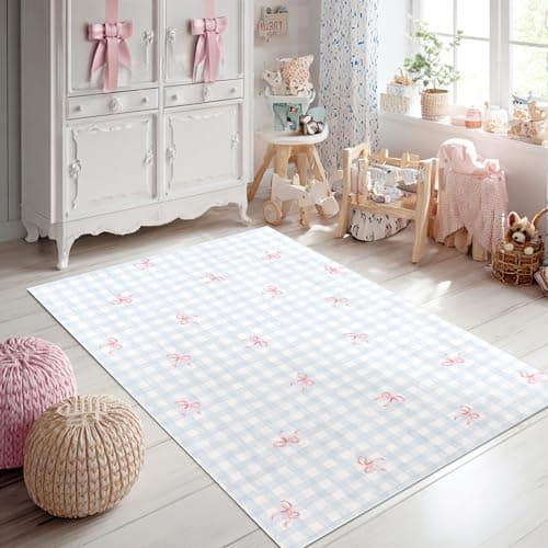 Bildenly Area Rugs 4x6 with Bow Pattern, Washable Rug for Girls Bedroom, Non-Slip Small Living Room Carpets, Baby Bedside Indoor Rug, Stylish Decor for Girl Couples Pet