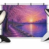 Purple Tree Backdrop 8x6ft Fantasy Sunset Lakeside Path Mountains Ripples Photography Backdrop Photoshoot Background Tapestry Banner for Birthday Baby Shower Decoration Party Video Photo Studio Props