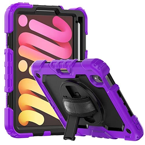CXDFCDBS Tablet PC Bags Cases Sleeves Compatible with iPad mini 6/2021 Heavy Duty Shockproof TPU Case,Protective Cover W Screen Protector 360 Swivel Kickstand+Hand Strap+Shoulder Strap(Purper)
