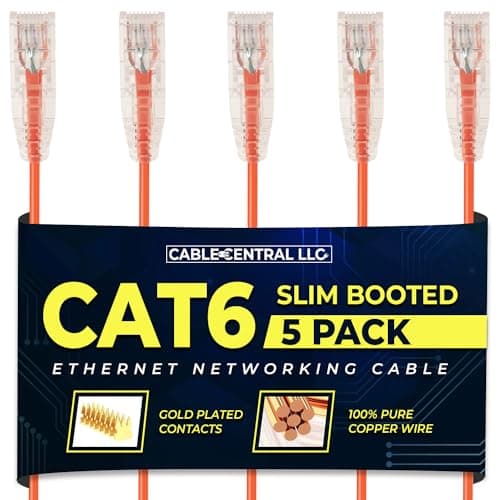 Cable Central LLC Slim Cat6 Ethernet Networking Patch Cable, 6 Feet, Orange, 5 Pack, 10 Gbps Speed, RJ45 Connector M/M Pure Copper Internet Wire, Gold Plated Contacts