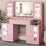 ANYMAPLE 55" Vanity Desk with Mirror & Lights, Fluted Makeup Vanity with 8 Drawers & 4 Cabinets, Tempered Glass Top, RGB Cabinet Lighting, 3-Color Dimmable Mirror, and Charging Station