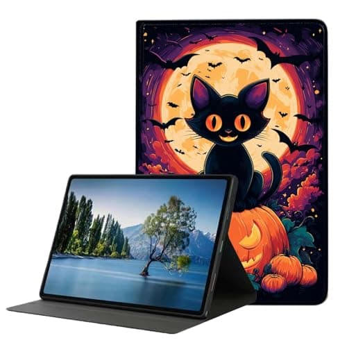 DHEEBFWE Case for Samsung Galaxy Tab A11 Plus/A9 Plus 11 Inch 2025/2023 Case,Slim Lightweight PU Leather Cover with Auto Wake/Sleep,Adjustable Viewing Angles.Halloween Black Cat Pumpkin