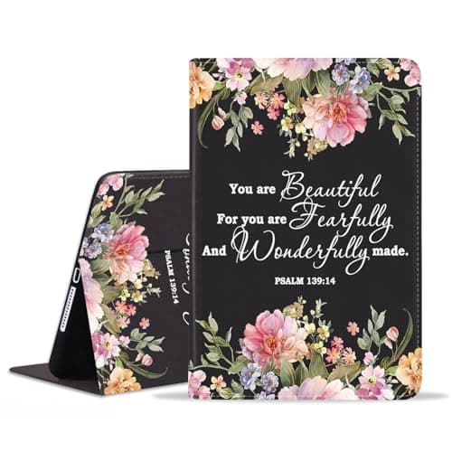 POIUYTREW Case for iPad 9th/8th/7th Gen (2021/2020/2019) 10.2 Inch, PU Leather Folio Smart Cover with Stand & Auto Wake Sleep for iPad Air (3rd Gen) 10.5" 2019, Floral Quote Bible Verse Psalm 139:14