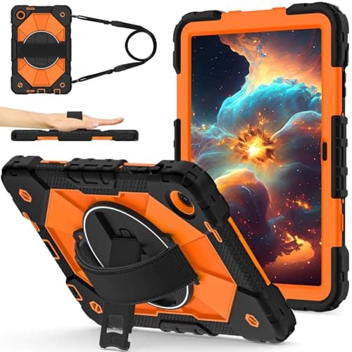 for T-Mobile Revvl Tab 2 2025 Released 10.1 inch Shockproof Heavy Duty Case Hybrid Silicone PC Cover with 360° Rotating Stand,Anti-Scratch, Adjustable Shoulder(Orange)