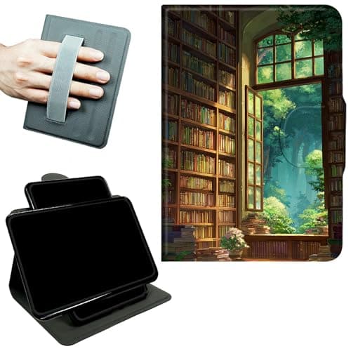 RWUTYTIUL Rotating Handle Case for Samsung Galaxy Tab A8 10.5" 2022 (SM-X200/X205/X207), 360 Degree Swivel Kickstand with Magnetic Closure Shockproof Leather Cover for Women Men, Library Window