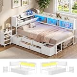 AOGLLATI Twin Corner Bed Frame with Bookcase and Hidden Storage & Pull-Out Cabinet-14 Inch Metal Platform Twin Size Daybed with 6 Drawers,Charging Station, Led Lights for Kids/Teens, White