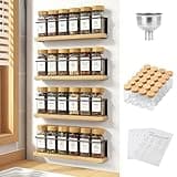 KitHero Bamboo Magnetic Spice Rack for Refrigerator, Space Saving Complete Set with 24 Bamboo Lid Glass Jars, 216 Waterproof Labels & Steel Funnel, Fridge Spice Organizer, 11.6" W x 2.4" D x 3.2" H