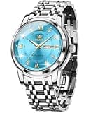 OLEVS Men Watch Blue Analog Quartz Stainless Steel Waterproof Luminous Date Luxury Casual Watch