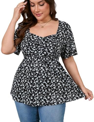 ShopWonder Women Plus Size Sweetheart Neck Tunic Tops Short Sleeves Pleated Peplum Babydoll Casual Blouse T shirts.4XL,Black+White floral