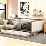 Brevillo Full Size Upholstered Bed Frame with Twin Trundle, Linen Daybed Frame with Nailhead Trim, Wood Color Accents, Space-Saving Full Daybed with Trundle for Bedroom or Guest Room, Wood Color