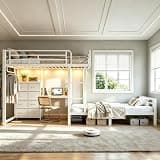 Bellemave Full Over Full Bunk Bed with Desk & 8 Storage Drawers, Sturdy Steel Bunk Bed Frame with Detachable Hanging USB & Hanging Rod for Kids Teens Adults, White
