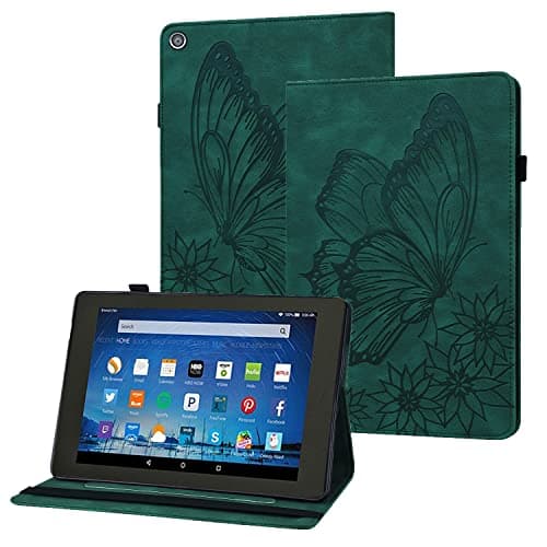 Rostsant Kindle Fire HD8 2015/2016/2017/2018 Case Embossed Butterfly PU Leather Case Wallet Pen Holder Tablet Protective Case for Kindle Fire HD8 2015/2016/2017/2018 - Dark Green