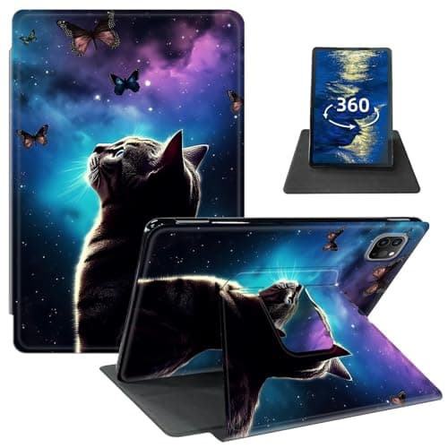 GFRGTFHYT for iPad Pro 11 Inch Case (M4, 5th Generation 2024) with 360 Degree Rotating Swivel Slim PU Leather Shockproof Protective Adjustable Stand Smart Cover with Auto Wake/Sleep, Galaxy Cat