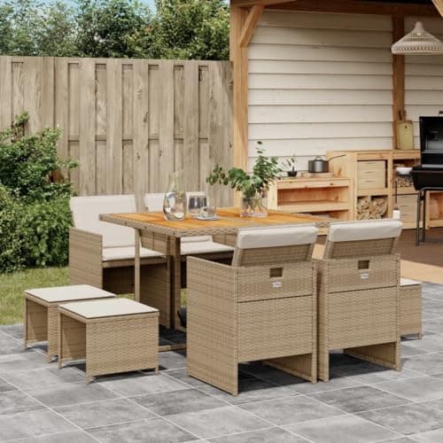 KDFERPRNB 9-Piece Outdoor Garden Dining Set, 8 Seater Patio Table and Chair Furniture, Foldable Rattan Wicker Chairs and Stools for Backyard, Deck, and Balcony, Beige