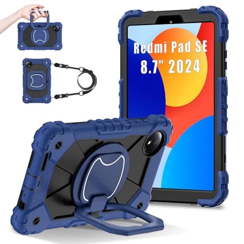 RFGHXJ Case for Xiaomi Redmi Pad SE 8.7 Inch (2024),Shockproof Rugged Protective Cover,360° Rotating Stand with Shoulder Strap,Full-Body Heavy Duty Drop-Proof (Navy Blue+Black)