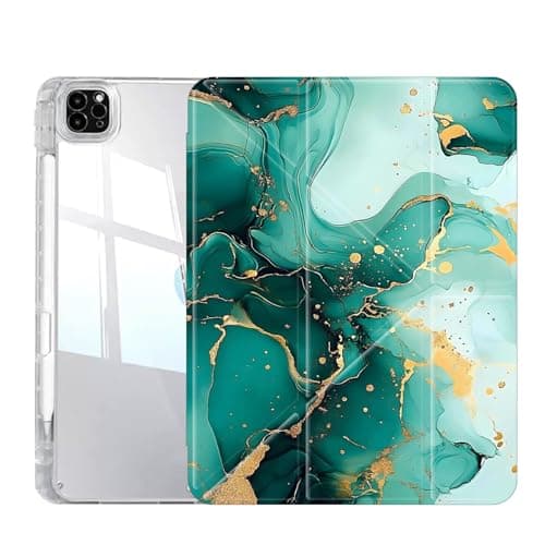Case for iPad Pro 13 Inch (M5/M4) 2025/2024, Slim Clear Case with Pencil Holder, Multi-Angles Folding Y-Shaped Stand Cover, Cyan Marble