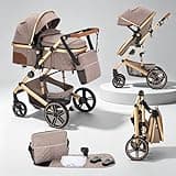 Lnhcrbs Baby Stroller, 2-in-1 Convertible Toddler Travel Stroller with Lie-Flat Seat, Adjustable Handle, 12" PU Tires, Toddler Stroller for 0-18kg Child, Aluminum Frame,Khaki
