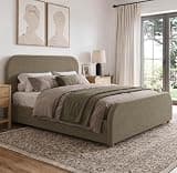 Merax California King Bed Frame, Upholstered Linen Platform Bed with 44 Inch Tall Headboard & Footboard, Solid Wood Base, Soft Curved Edges Design Bedframe, No Box Spring Need, Easy Assembly, Green