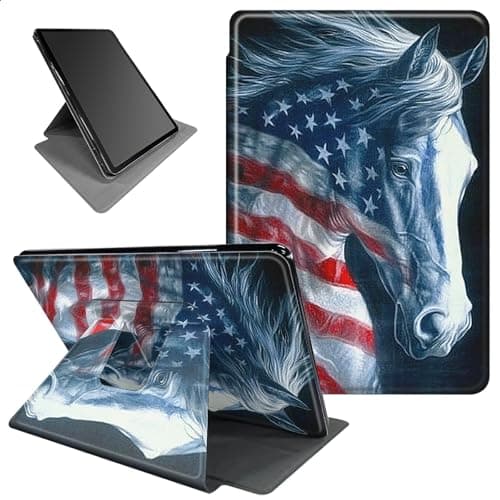 Case for Kindle Paperwhite 6.8 inch 11th Generation and Signature Edition 2021 360 Rotating Degree Stand Lightweight Protective Smart Cover with Auto Wake/Sleep - American Flag Horse