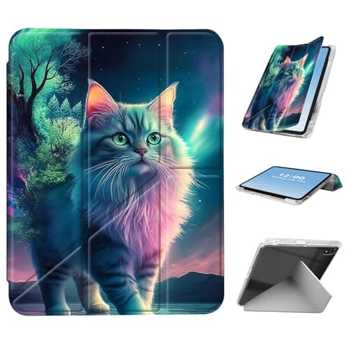 HGGJFLYX for iPad Air 11 2024 Case with Pencil Holder, Foldable Y-Shaped Protective Cover, Stylish Clear Multi-Angle Viewing & Auto Sleep/Wake Tablet Case, Fantasy Cat with Nature Fusion