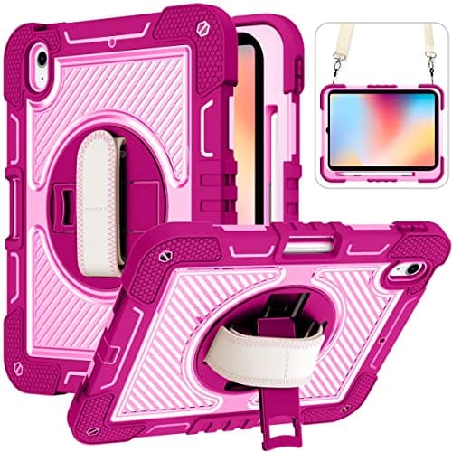 Shockproof Durable Protective Case Durable 360 Degree Rotating Bracket Case Compatible with iPad 10th Gen 10.9 Inch 2022(Rose Red+Pink)